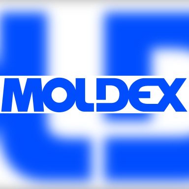 Logo von Moldex in blauen Buchstaben auf hellem Hintergrund.